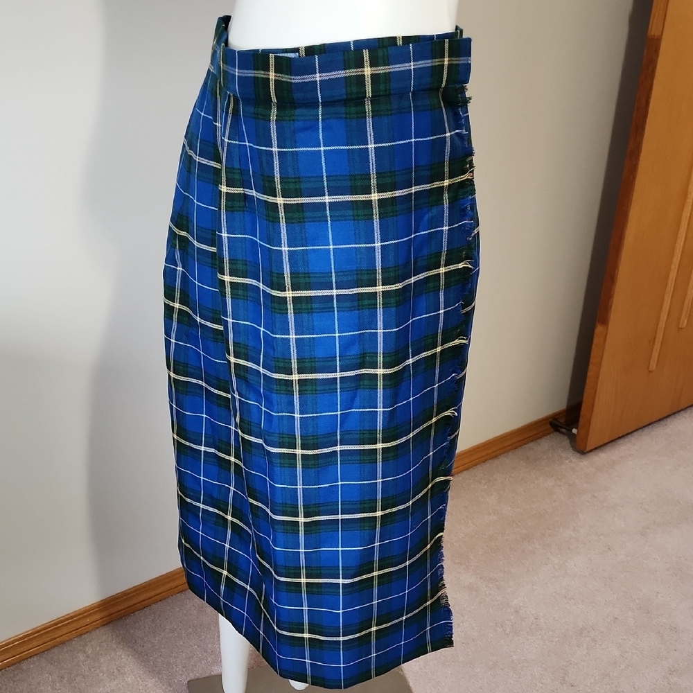 Blue and Black Knee-Length Tartan Skirt